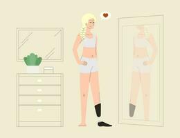 Happy woman woman with prosthetic leg looking in mirror vector illustration