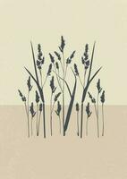 Art poster in pastel color with grass, on the beach illustration. Silhouettes of plants on beige. Modern monochrome vector poster for design in vintage style.