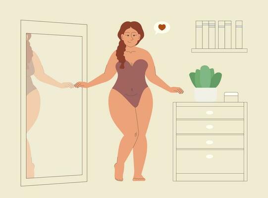 Body positive plump woman in bodysuit looking in mirror vector illustration