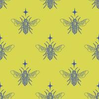 Seamless pattern with honey bee and stars. Decorative yellow background with blue honey bee sketch. Vector endless texture for digital paper, fabric