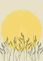 Aesthetic poster with grass and sun illustration. Silhouettes of plants on beige. Modern monochrome vector poster for design in vintage style.