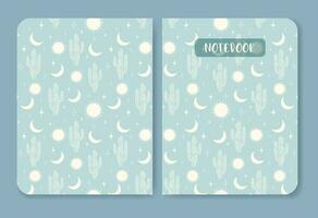 Notebook cover with cactus on desert pattern. Print on light blue sand background. vector