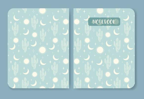 Notebook cover with cactus on desert pattern. Print on light blue sand background.