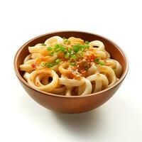 Food photography of Udon on brown bowl isolated on white background. Generative AI photo