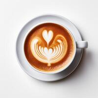 Food photography of A cup latte with love art isolated on white background. photo