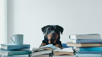 un Rottweiler perro en un suéter se sienta estudiando acompañado por un taza y pila de algo de libros. generativo ai foto