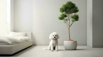 poodle dog standing in a minimalist living room with white tones. Generative AI photo