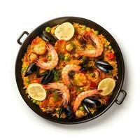 Food photography of Paella on plate isolated on white background. Generative AI photo