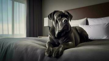 cane corso dog lying on bed in hotel with contemporary interior design. Generative AI photo