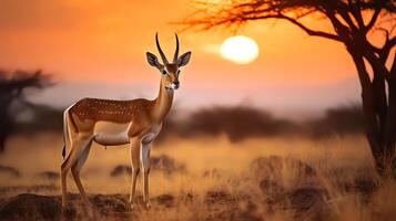 Photo of Thomsons Gazelle on savanna at sunset.