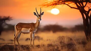 Photo of Thomsons Gazelle on savanna at sunset. Generative AI