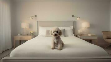 Poodle dog lying on bed in hotel with contemporary interior design. Generative AI photo