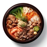 Food photography of Sukiyaki on black bowl isolated on white background. Generative AI photo