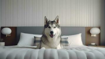 Siberian husky dog lying on bed in hotel with contemporary interior design. Generative AI photo