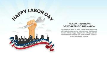 Labor Day background with a raised hand with a tool and waving flag vector