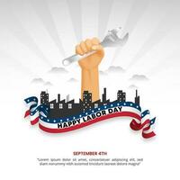 Square Labor Day background with a raised hand with a tool vector