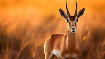 Photo of Thomsons Gazelle on savanna at sunset. Generative AI