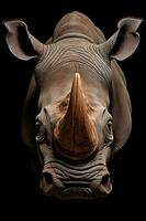 cerca arriba foto de rinoceronte en negro antecedentes. generativo ai