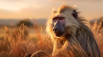 Photo of Baboon on savanna at sunset. Generative AI