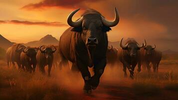 Photo of Buffalo on savanna at sunset. Generative AI