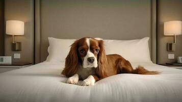 cavalier dog lying on bed in hotel with contemporary interior design. Generative AI photo