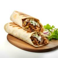 Food photography of Shawarma on wooden board isolated on white background. Generative AI photo