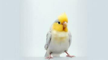 foto de un cacatúa pájaro en blanco antecedentes. generativo ai