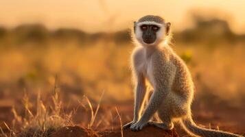 Photo of Vervet Monkey on savanna at sunset. Generative AI