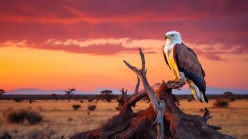 Photo of African Fish Eagle on savanna at sunset.