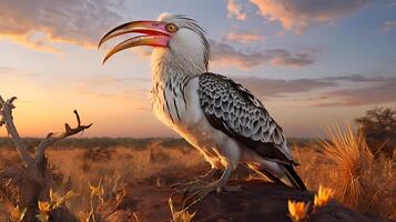 Photo of Yellow-Billed Hornbill on savanna at sunset. Generative AI