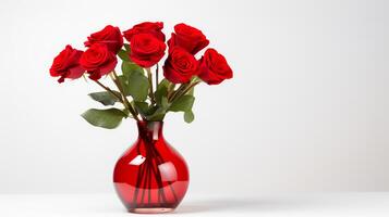 Photo of rose flowers in minimalist vase as houseplant for home decoration. Generative AI