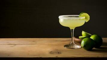 Food photography of margaritas with lemon wedges on wooden table isolated on dark background. Generative AI photo
