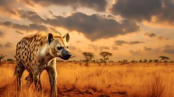 Photo of Hyena on savanna at sunset. Generative AI