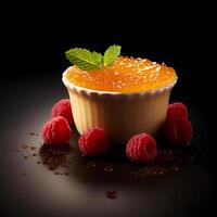 Photo of Creme Brulee with berrie isolated on dark background. Created by Generative AI