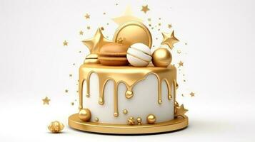 3d illustration of gold cute birthday cake, Sweet cake for a surprise birthday, for anniversary and celebration ,mother day, Valentine day, cake, cupcake, Generative AI illustration photo