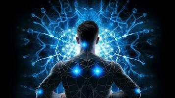 Illustration of thought energy . Head of person and neural network of brain with a problematic areas, Psychic waves concept, Generative AI illustration photo