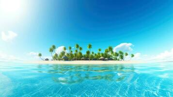 ilustración imagen, playa escena con claro como el cristal turquesa aguas, en polvo blanco arena, palma hojas, espumoso olas y azul soleado cielo, con Copiar espacio, generativo ai ilustración foto