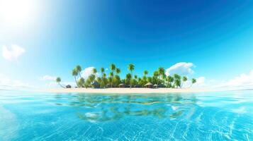 Illustration image, beach scene with crystal-clear turquoise waters, powdery white sand, palm leaves, sparkling waves and blue sunny sky, with copy space, illustration photo