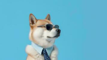 Photo of haughty siberian husky using glasses  and office suit on white background. Generative AI