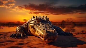 Photo of Crocodile on savanna at sunset. Generative AI