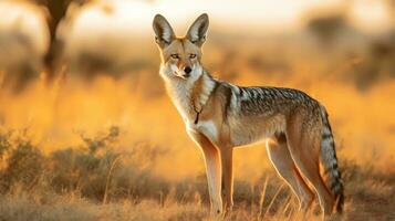 Photo of Black Backed Jackal on savanna at sunset. Generative AI