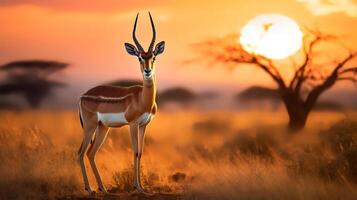 Photo of Thomsons Gazelle on savanna at sunset. Generative AI