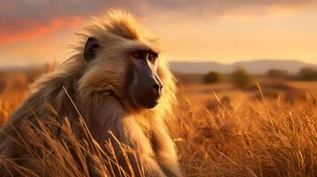 Photo of Baboon on savanna at sunset. Generative AI