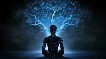 humano meditar, yoga. psíquico humano considera mente y corazón. espiritualidad, esoterismo, con bokeh desenfocado luces. universo, psíquico olas concepto, generativo ai ilustración foto