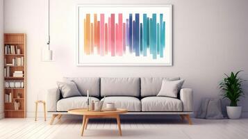 Stylish living room interior design with mock up poster frame, creative home accessories. Home staging. Copy space, Generative AI illustration photo