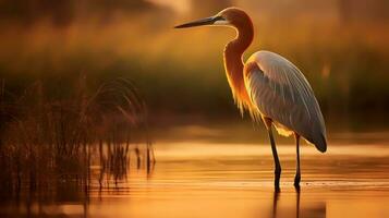 Photo of Goliath Heron on savanna at sunset. Generative AI