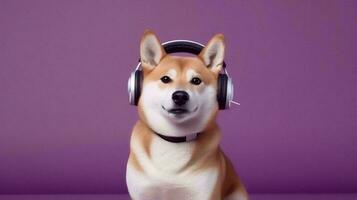 Photo of shiba inu using headphone  on purple background. Generative AI