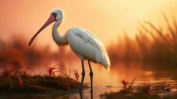 Photo of African Spoonbill on savanna at sunset. Generative AI