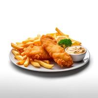 Photo of Fish and Chips on plate  isolated on white background. Created by Generative AI