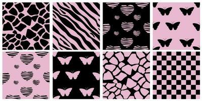 Y2k glamour pink seamless patterns. Backgrounds in trendy emo goth 2000s style. Butterfly, heart, chessboard, mesh, leopard, zebra. 90s, 00s aesthetic. Pink pastel and black colors. vector